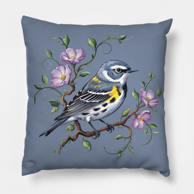 Yellow-Rumped Warbler Surrounded by Purple Wildflowers Pillow by BirdsnStuff