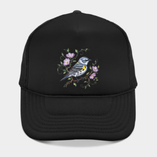 Yellow-Rumped Warbler Surrounded by Purple Wildflowers Hat