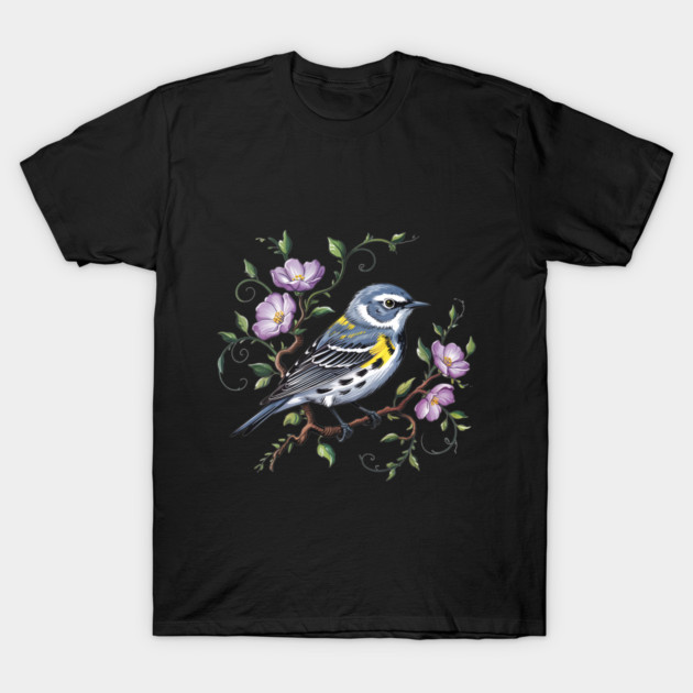 Yellow-Rumped Warbler Surrounded by Purple Wildflowers T-Shirt by BirdsnStuff