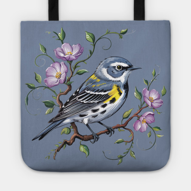 Yellow-Rumped Warbler Surrounded by Purple Wildflowers Tote by BirdsnStuff