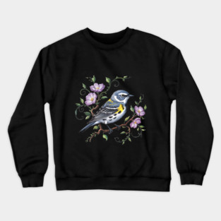 Yellow-Rumped Warbler Surrounded by Purple Wildflowers Crewneck Sweatshirt
