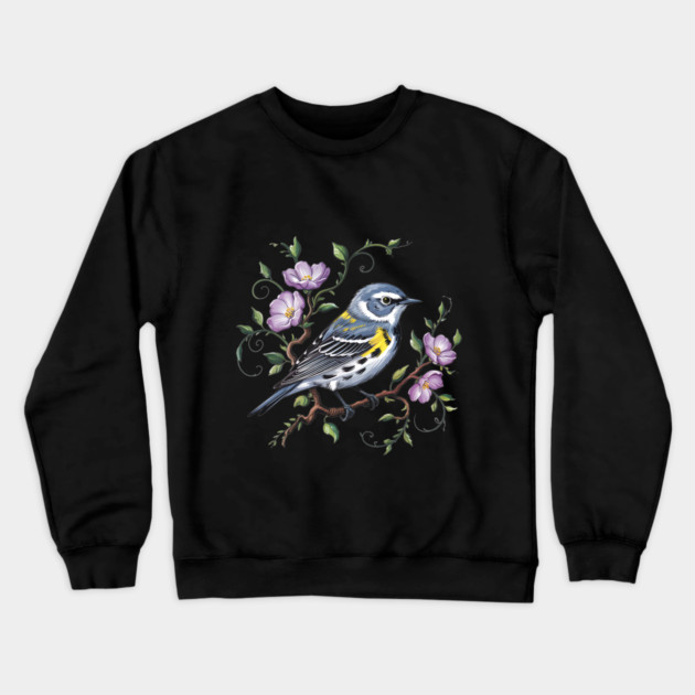 Yellow-Rumped Warbler Surrounded by Purple Wildflowers Crewneck Sweatshirt by BirdsnStuff