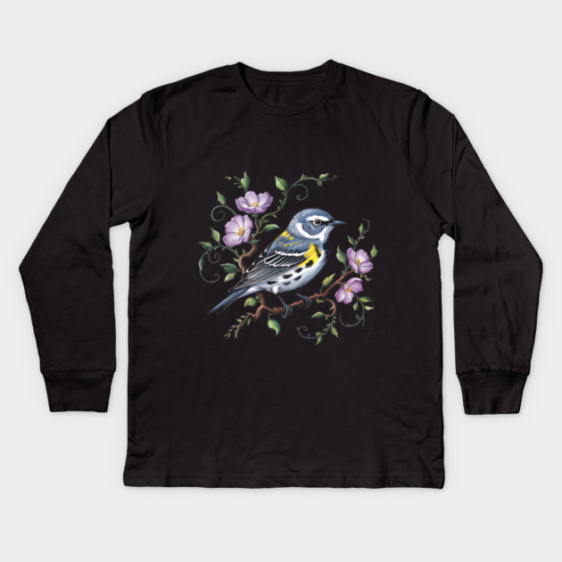 Yellow-Rumped Warbler Surrounded by Purple Wildflowers Kids Long Sleeve T-Shirt by BirdsnStuff