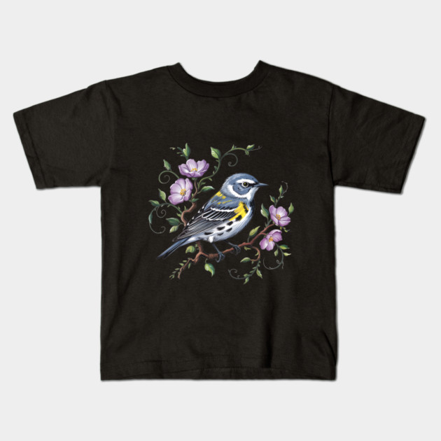Yellow-Rumped Warbler Surrounded by Purple Wildflowers Kids T-Shirt by BirdsnStuff
