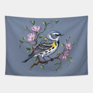 Yellow-Rumped Warbler Surrounded by Purple Wildflowers Tapestry