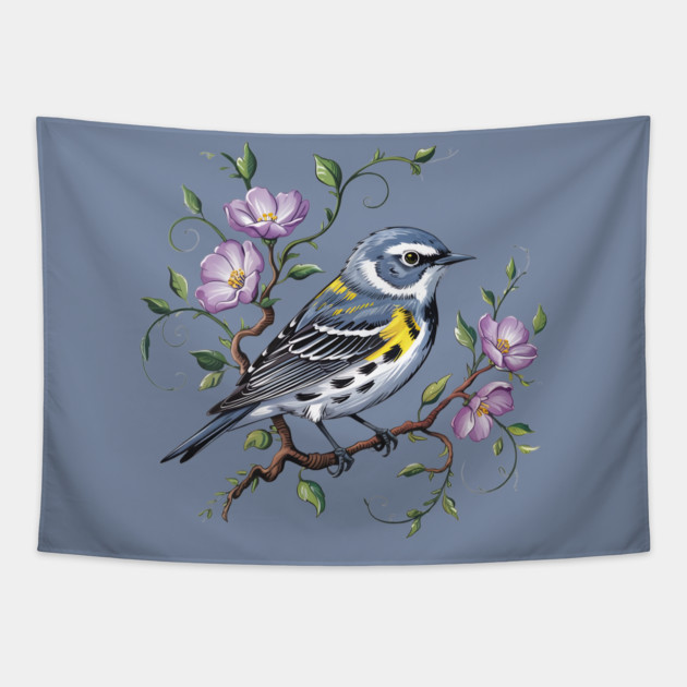 Yellow-Rumped Warbler Surrounded by Purple Wildflowers Tapestry by BirdsnStuff