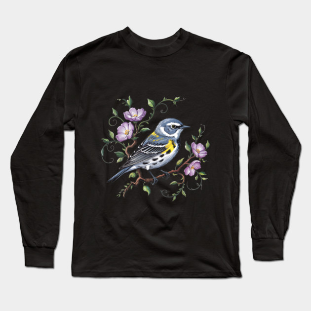 Yellow-Rumped Warbler Surrounded by Purple Wildflowers Long Sleeve T-Shirt by BirdsnStuff