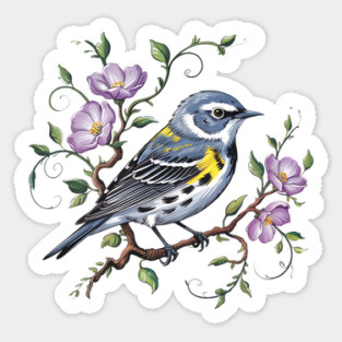 Yellow-Rumped Warbler Surrounded by Purple Wildflowers Sticker