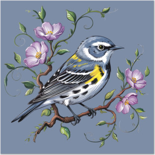 Yellow-Rumped Warbler Surrounded by Purple Wildflowers Posters and Art