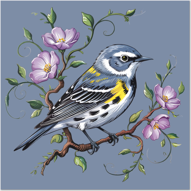 Yellow-Rumped Warbler Surrounded by Purple Wildflowers Wall Art by BirdsnStuff