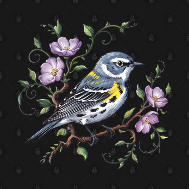 Yellow-Rumped Warbler Surrounded by Purple Wildflowers by BirdsnStuff