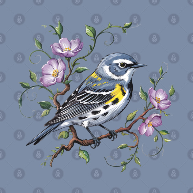 Yellow-Rumped Warbler Surrounded by Purple Wildflowers by BirdsnStuff