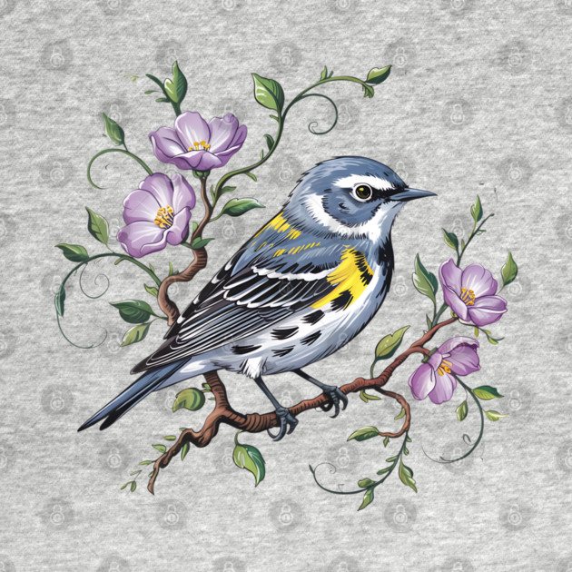 Yellow-Rumped Warbler Surrounded by Purple Wildflowers by BirdsnStuff