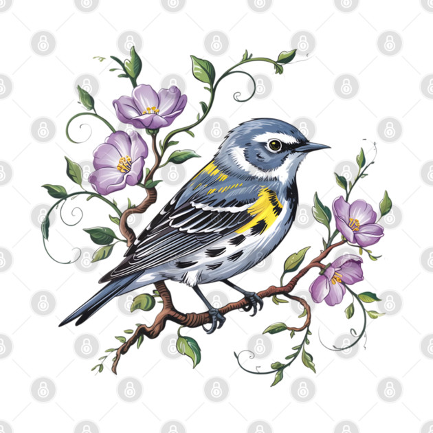 Yellow-Rumped Warbler Surrounded by Purple Wildflowers by BirdsnStuff