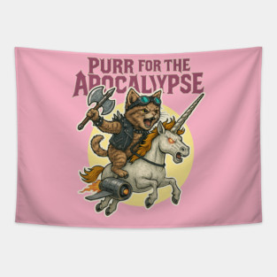 Purr for the Apocalypse – Cat Warrior Riding a Jet-Powered Unicorn Tapestry