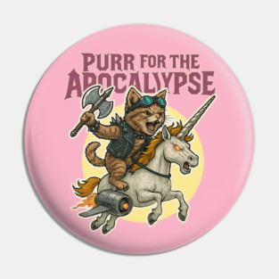 Purr for the Apocalypse – Cat Warrior Riding a Jet-Powered Unicorn Pin