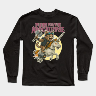 Purr for the Apocalypse – Cat Warrior Riding a Jet-Powered Unicorn Long Sleeve T-Shirt