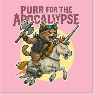 Purr for the Apocalypse – Cat Warrior Riding a Jet-Powered Unicorn Posters and Art
