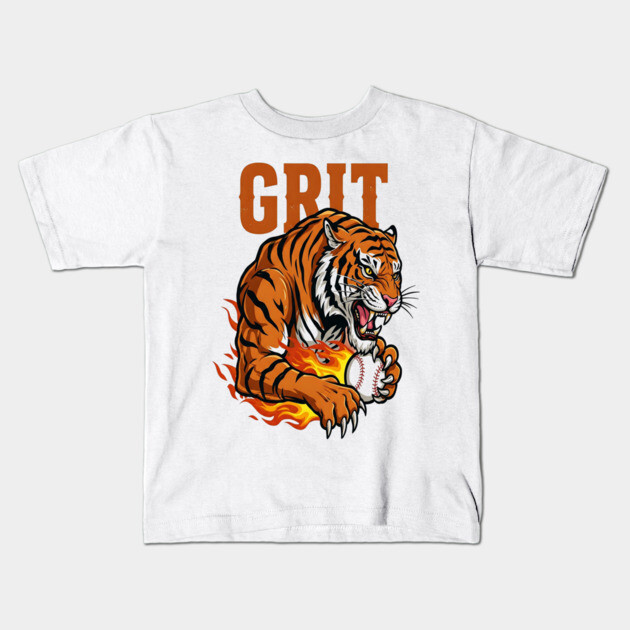 Grit Tiger Baseball Tee - Fierce Feline Fastball Kids T-Shirt by OUTFITPAW