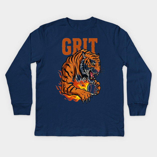 Grit Tiger Baseball Tee - Fierce Feline Fastball Kids Long Sleeve T-Shirt by OUTFITPAW