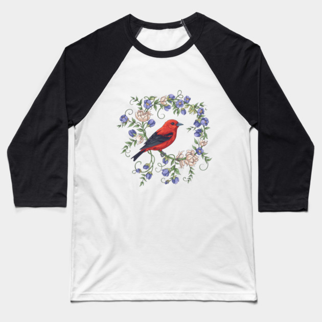 Scarlet Tanager Amid Blossoming Vines Baseball T-Shirt by BirdsnStuff