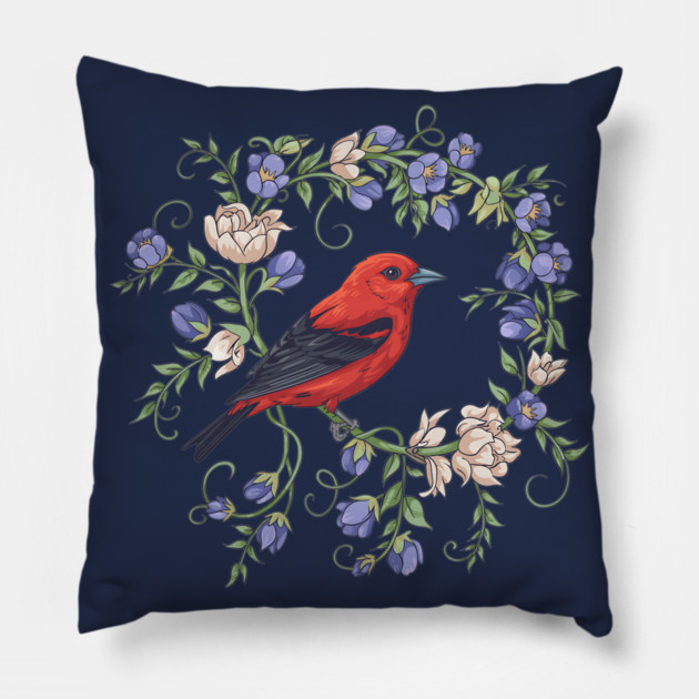 Scarlet Tanager Amid Blossoming Vines Pillow by BirdsnStuff