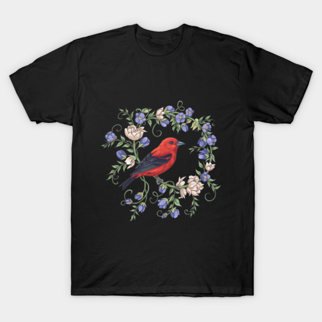 Scarlet Tanager Amid Blossoming Vines T-Shirt by BirdsnStuff