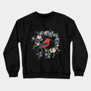 Scarlet Tanager Amid Blossoming Vines Crewneck Sweatshirt