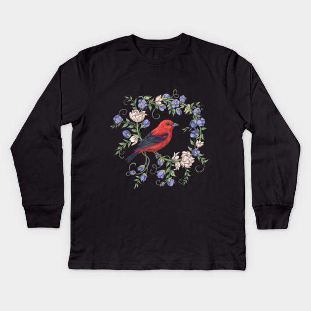 Scarlet Tanager Amid Blossoming Vines Kids Long Sleeve T-Shirt by BirdsnStuff