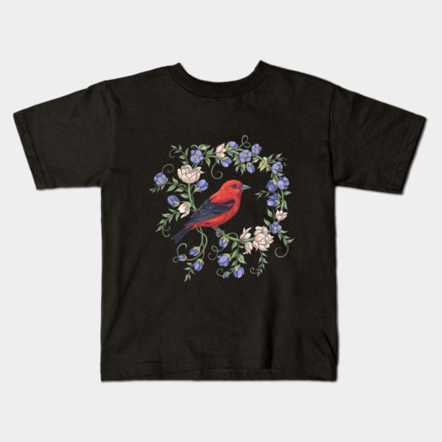 Scarlet Tanager Amid Blossoming Vines Kids T-Shirt by BirdsnStuff
