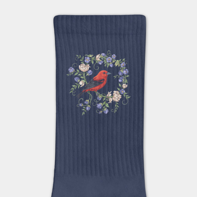 Scarlet Tanager Amid Blossoming Vines by BirdsnStuff