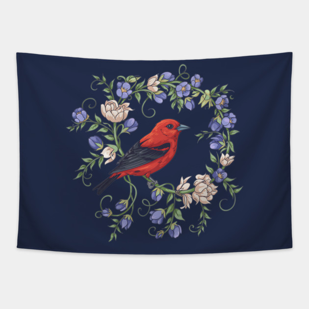 Scarlet Tanager Amid Blossoming Vines Tapestry by BirdsnStuff