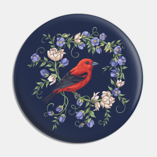 Scarlet Tanager Amid Blossoming Vines Pin by BirdsnStuff