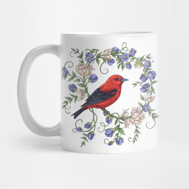 Scarlet Tanager Amid Blossoming Vines by BirdsnStuff
