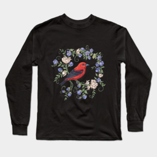 Scarlet Tanager Amid Blossoming Vines Long Sleeve T-Shirt