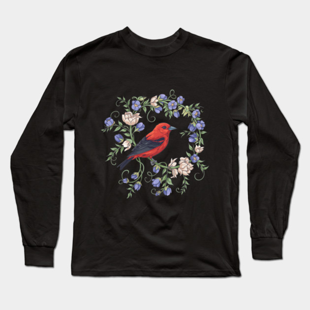 Scarlet Tanager Amid Blossoming Vines Long Sleeve T-Shirt by BirdsnStuff