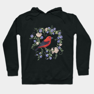 Scarlet Tanager Amid Blossoming Vines Hoodie