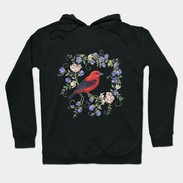 Scarlet Tanager Amid Blossoming Vines Hoodie by BirdsnStuff