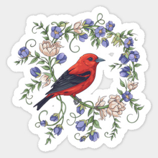 Scarlet Tanager Amid Blossoming Vines Magnet