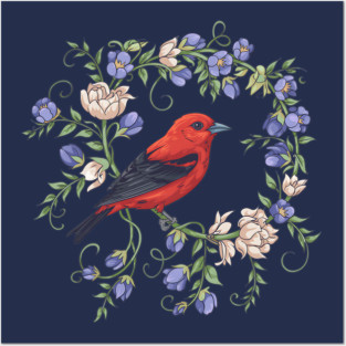Scarlet Tanager Amid Blossoming Vines Posters and Art