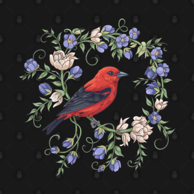 Scarlet Tanager Amid Blossoming Vines by BirdsnStuff