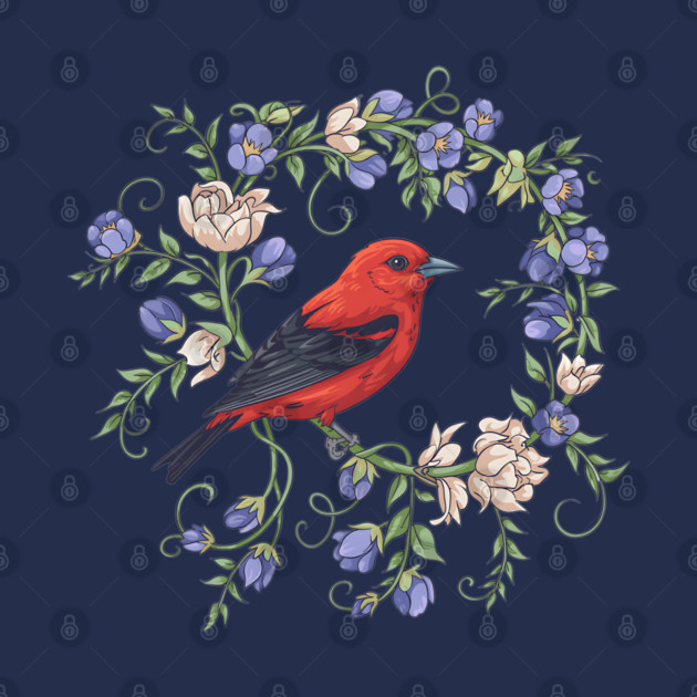 Scarlet Tanager Amid Blossoming Vines by BirdsnStuff
