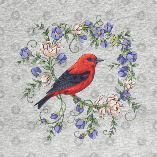 Scarlet Tanager Amid Blossoming Vines by BirdsnStuff
