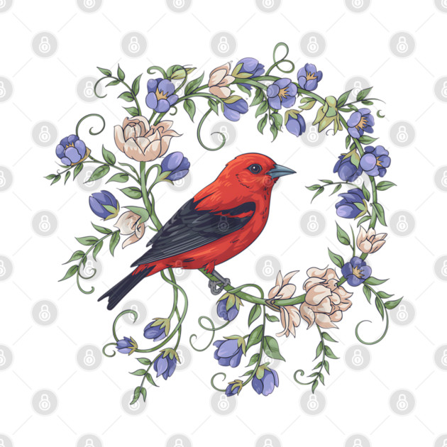 Scarlet Tanager Amid Blossoming Vines by BirdsnStuff