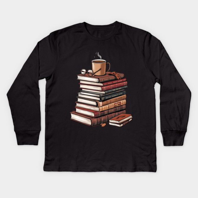book and coffee Stacked & Steaming Kids Long Sleeve T-Shirt by SR8891