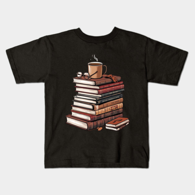 book and coffee Stacked & Steaming Kids T-Shirt by SR8891
