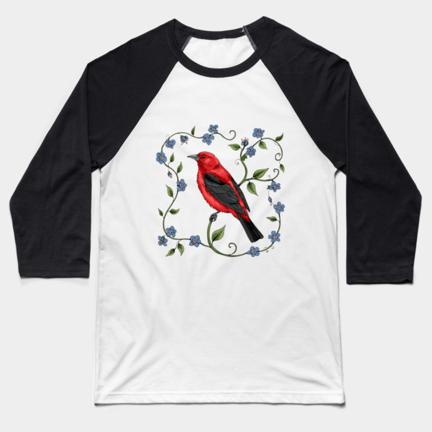 Scarlet Tanager with Forget-Me-Nots Baseball T-Shirt by BirdsnStuff