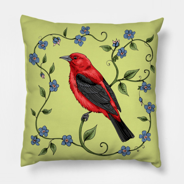 Scarlet Tanager with Forget-Me-Nots Pillow by BirdsnStuff