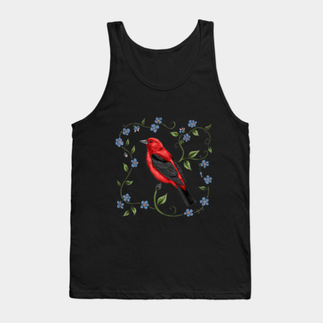 Scarlet Tanager with Forget-Me-Nots Tank Top by BirdsnStuff