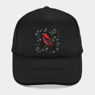 Scarlet Tanager with Forget-Me-Nots Hat